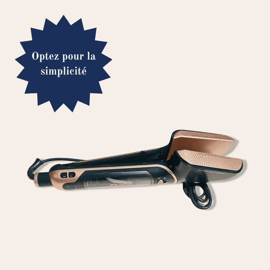 défroisseur vapeur posé au sol avec écrit en haut à gauche "optez pour la simplicité"