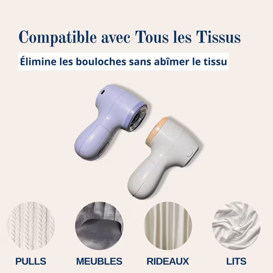 Deux rasoir anti-peluche face à face avec les différents types de tissus compatibles pour enlever les bouloches.